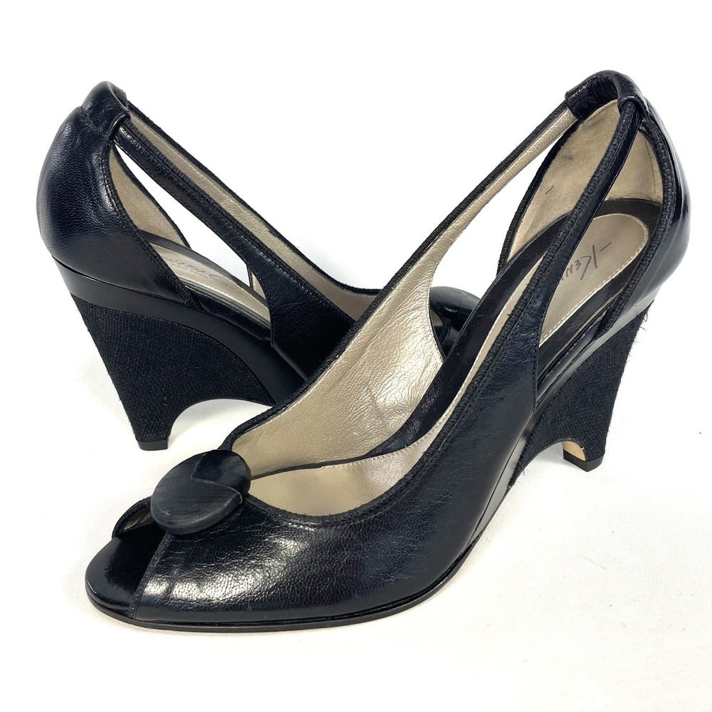 Kenneth Cole Black Leather Peep Toe Wedge Heels Italy Slingback Pumps 9
